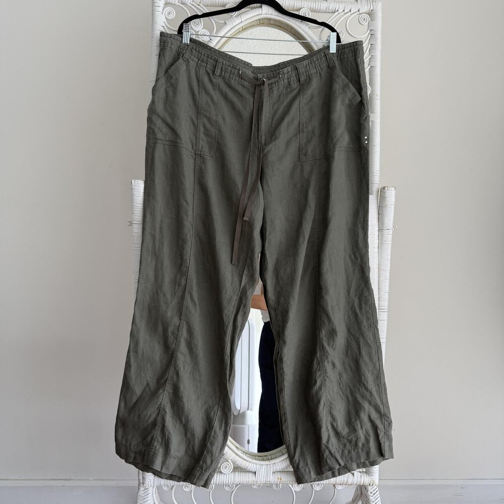 100% Linen Pants Women 24W Green Wide Leg Relaxed Utility Minimalist Coastal INC